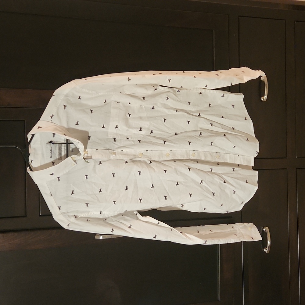 Goodfellow Men's White Button Down Dress Shirt With Dachshund Pattern Sz. L